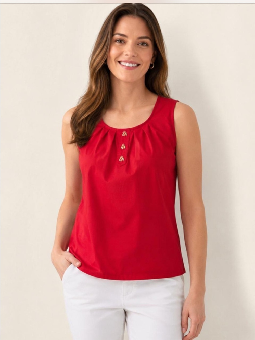 Talbots Red Sleeveless Pleated Front Tank with Decorative Bee Buttons
